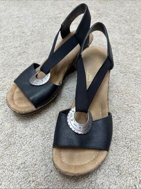 Rieker Women’s Black Elastic Strap Wedge Sandals. 7.5/ 38